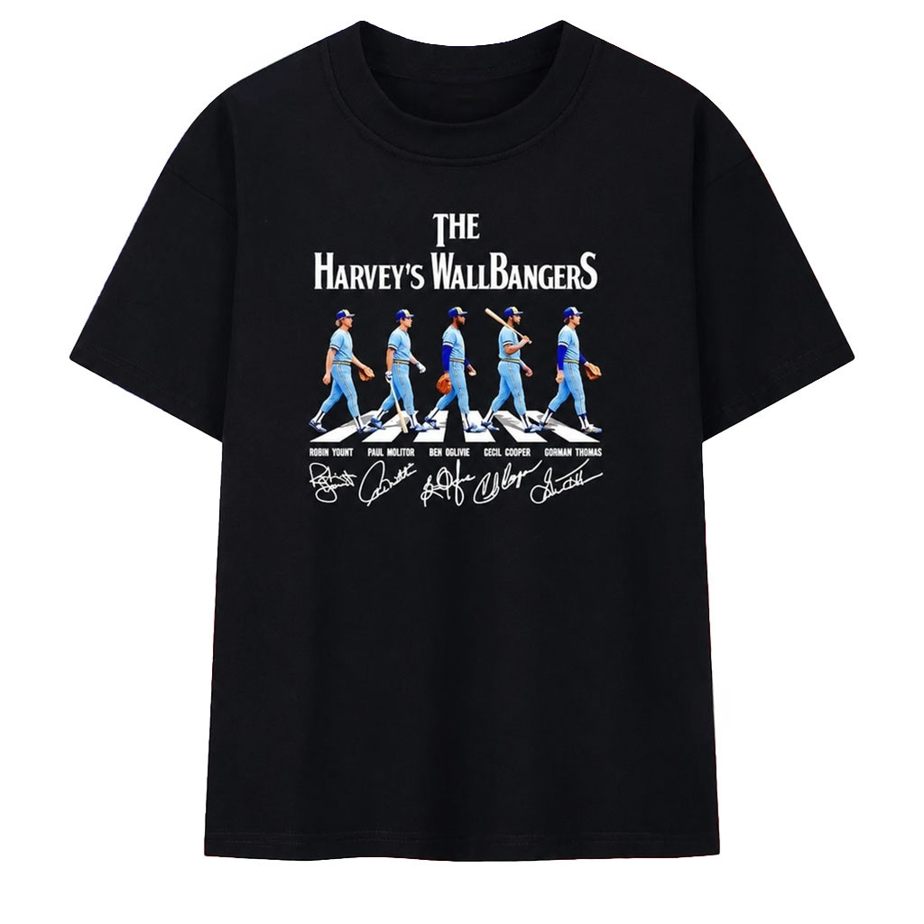 The Harvey's Wallbangers Milwaukee Brewers Legends Walking Across Signature T-Shirt Brewers Merch