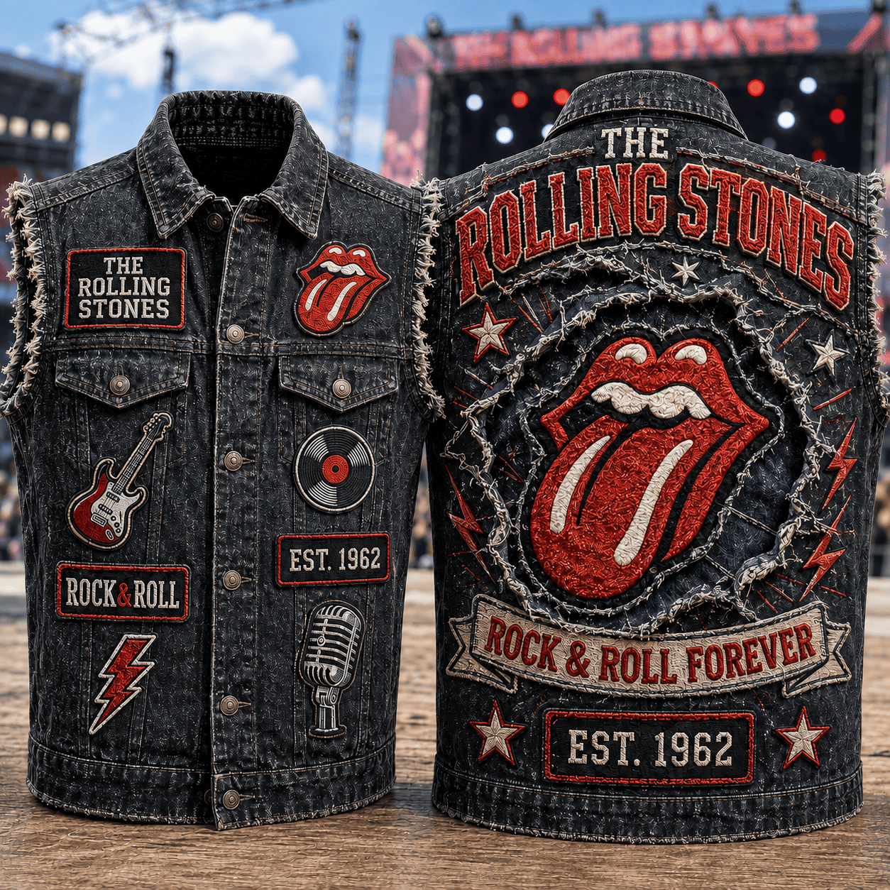The Rolling Stones Rock And Roll Forever Denim Vest Tongue The Rolling Stones Merch Fan Gifts