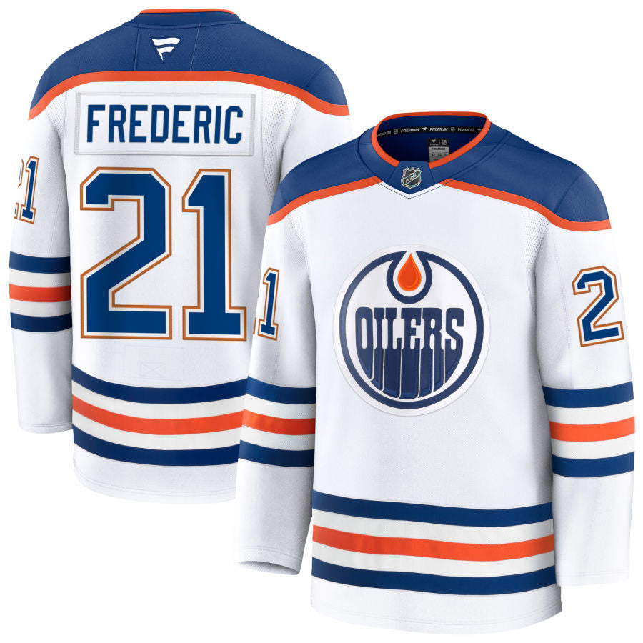 Trent Frederic Edmonton Oilers 2025 Away Premium White Jersey 1 Trent Frederic Edmonton Oilers 2025 Away Premium White Jersey