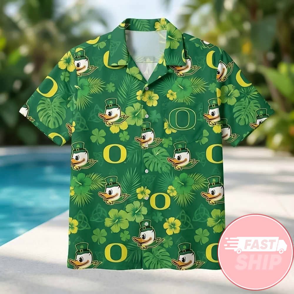 University of Oregon Ducks St Patricks Day 2026 Mascot Leprechaun Hat Green Shamrock Hawaiian Shirt