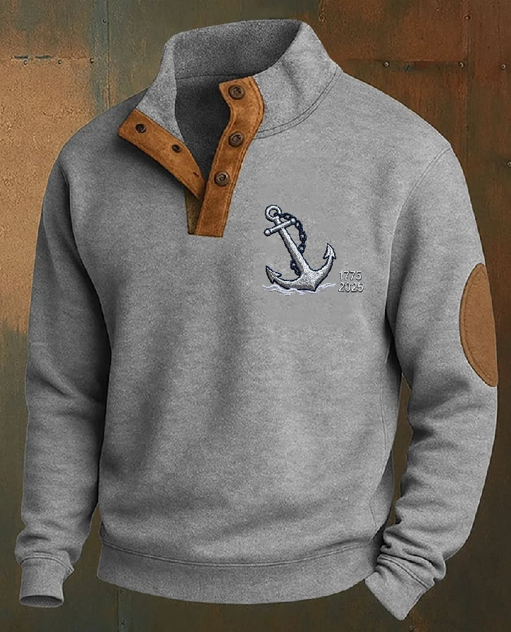 US Navy 250th Anniversary Stand Up Collar Button Sweatshirt Men's Patriotic Apparel Navy Apparel