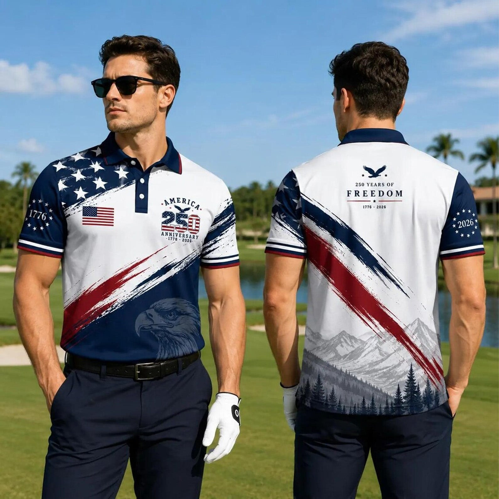 USA 250 Years Patriotic Golf Polo Shirt 1776-2026 Freedom Eagle Merch 4th Of July Gift
