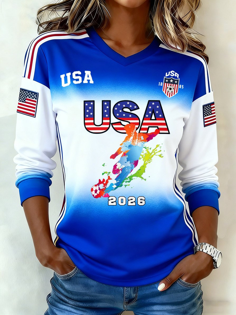 USA Soccer World Cup 2026 Long Sleeve V-Neck Shirt Women's Game Day FIFA Merch Gifts For Fans