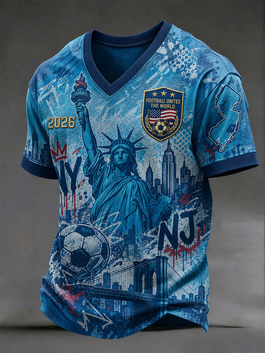 USA World Cup 2026 Merch Statue Of Liberty V-Neck Shirt Football Unites The World Tee Fan Gear