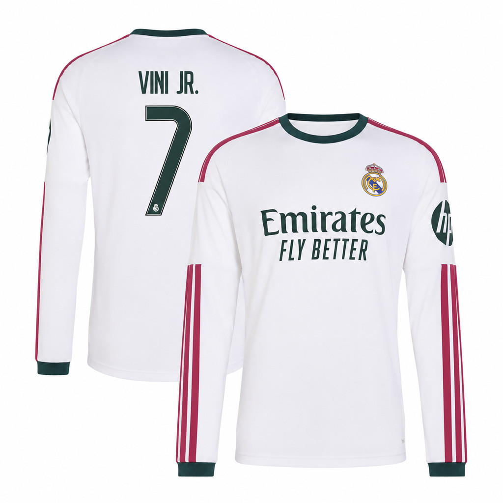 Vini Jr #7 Real Madrid Merch White Real Madrid 2026 27 Long Sleeve Jersey Best Gift For Fans