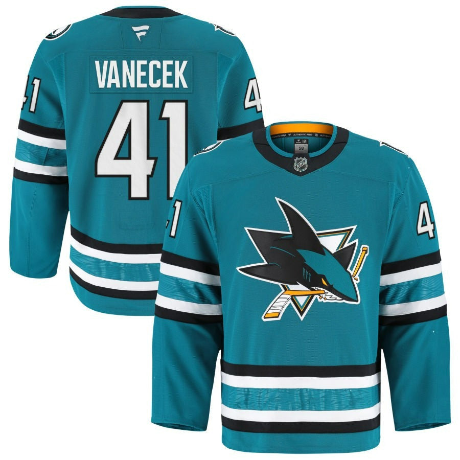 Vitek Vanecek San Jose Sharks 2025 Home Pro Teal Jersey 1 Vitek Vanecek San Jose Sharks 2025 Home Pro Teal Jersey