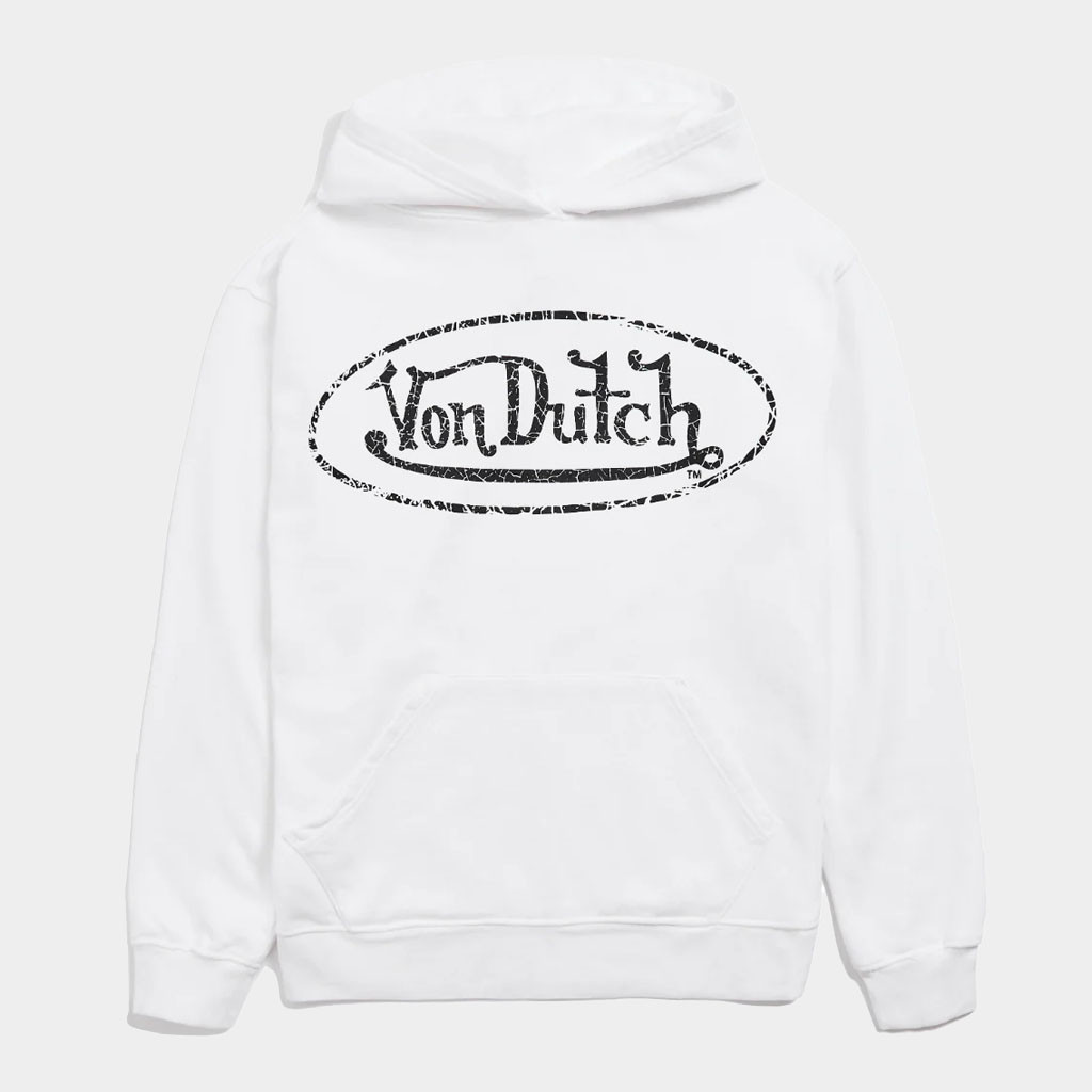 Von Dutch Merch White French Terry Washed Logo Hoodie Von Dutch Hoodie Gifts For Him