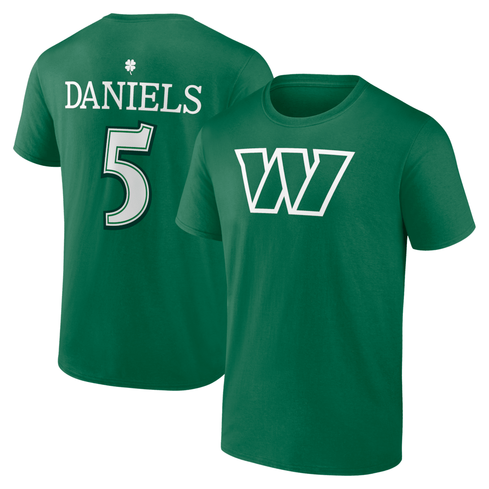 Washington Commanders Merch - Men's Jayden Daniels St. Patrick's Day Icon Name & Number T-Shirt, Green - Cool Football Gifts