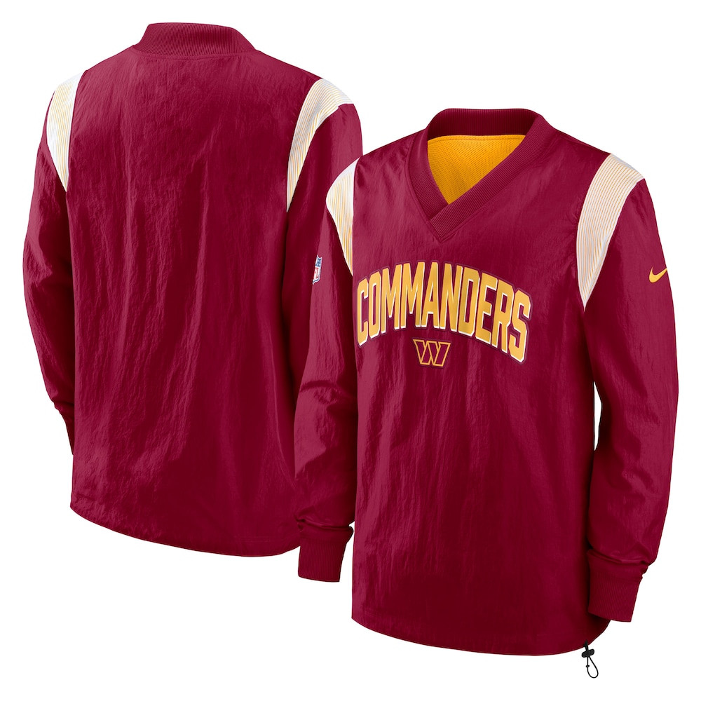 Washington Commanders Merch - Men's Sideline Athletic Stack V-Neck Pullover Windshirt Jacket, Burgundy - American Football Gift Ideas