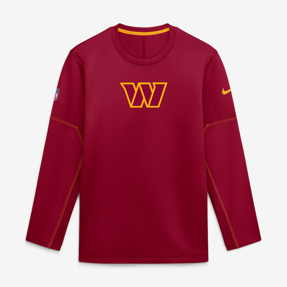 Washington Commanders Merch - Men's Sideline Coaches Team Present Midweight Therma-FIT Sweatshirt, Red - Football Fan Gear