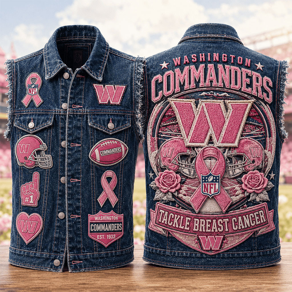 Washington Commanders Tackle Breast Cancer Denim Vest Commanders Merch Cancer Warrior Gifts