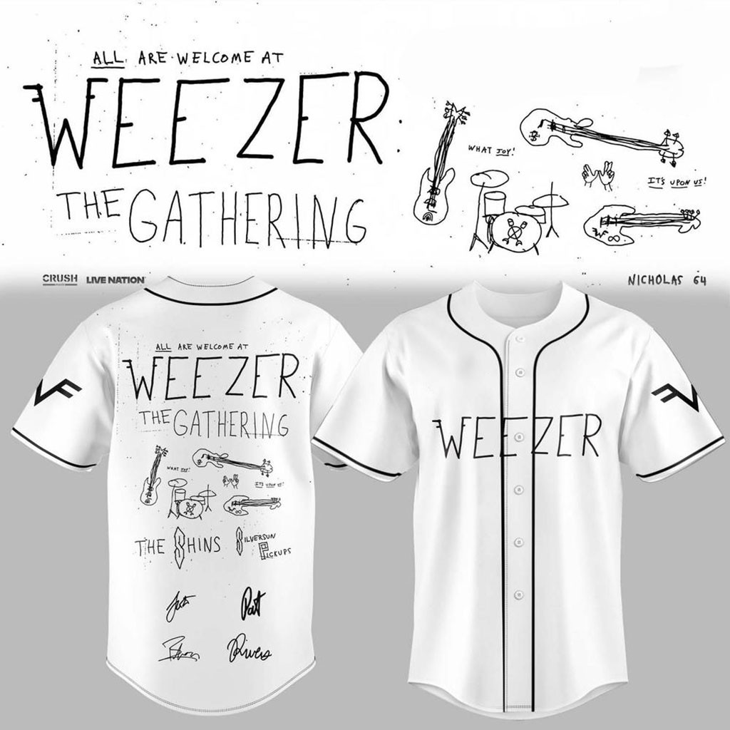 Weezer Merch The Gathering World Wide Tour 2026 Baseball Jersey White Best Gifts For Rock Fan
