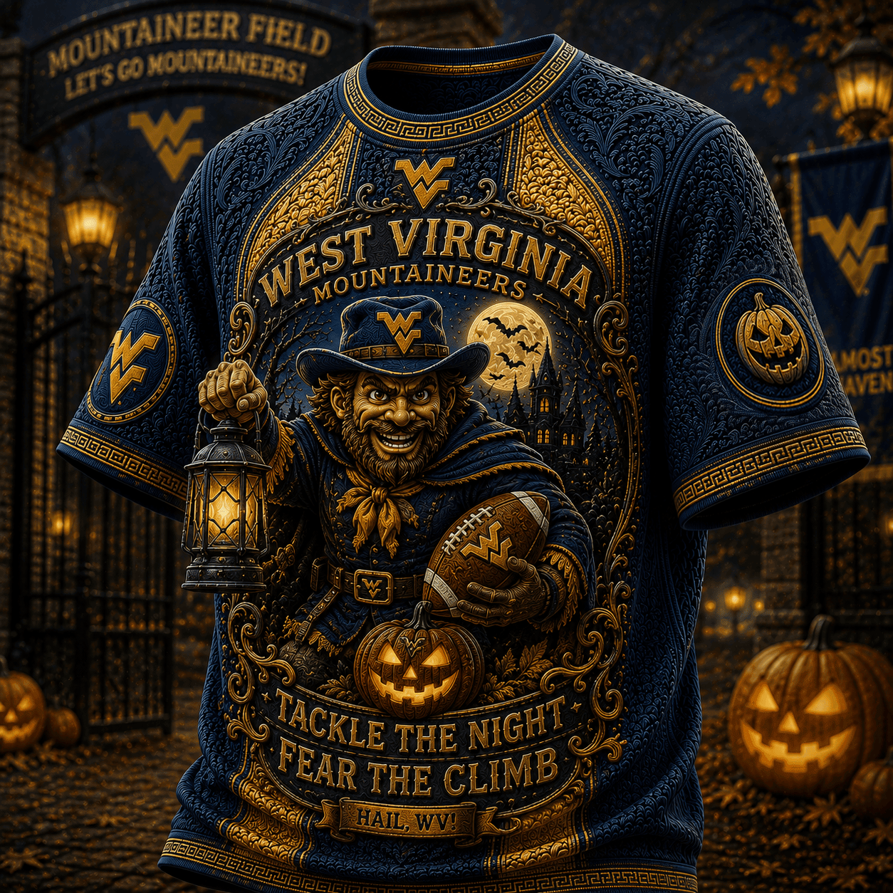 West Virginia Mountaineers Halloween Merch Tackle The Night Fear The Climb T-Shirt Fan Gear