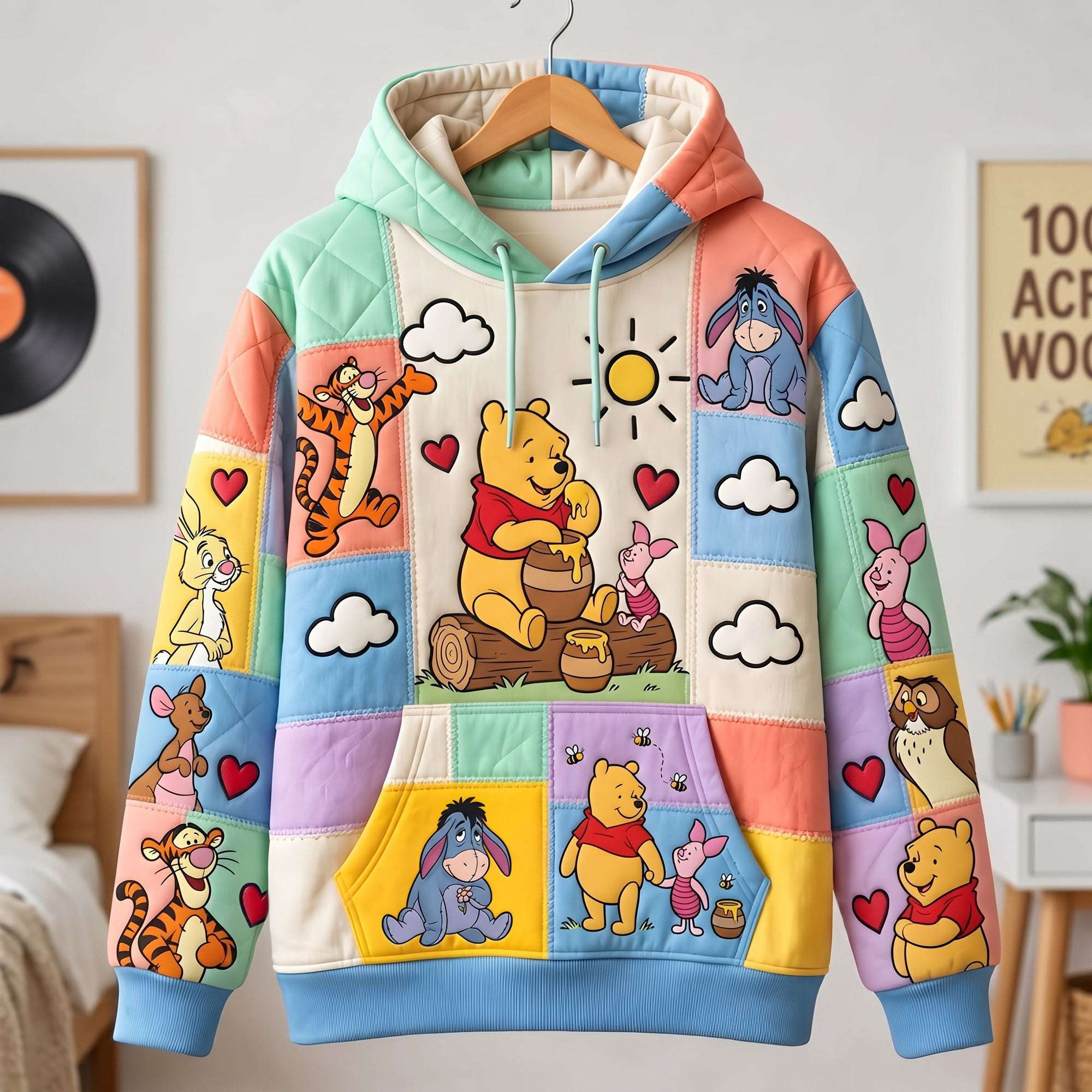 Winnie The Pooh And Friends Patchwork Hoodie Cute Cartoon Hoodie Gifts For Friends