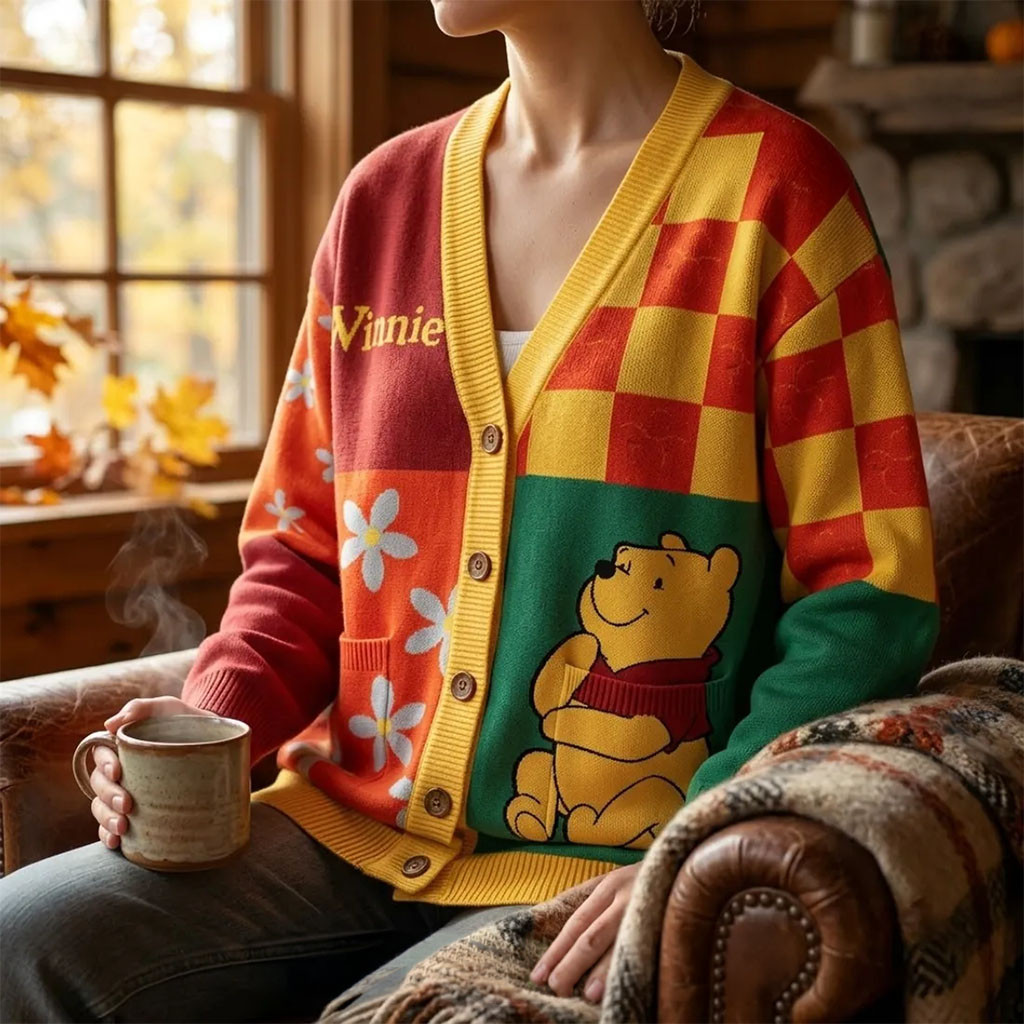 Winnie The Pooh Patchwork Colorblock Cardigan Winnie The Pooh Merch Birthday Gift For Sisters