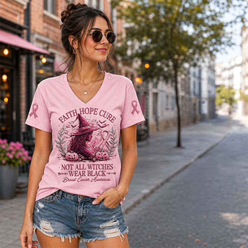 Witch Breast Cancer Awareness October Pink V-Neck Shirt Faith Hope Club Tee Gifts For Her