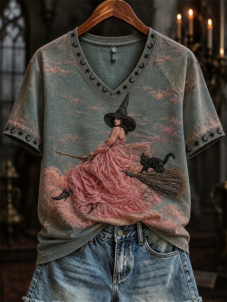 Witch With Pink Dress And Black Cat V-Neck Shirt Womens Witch Outfit Cute Halloween Gifts