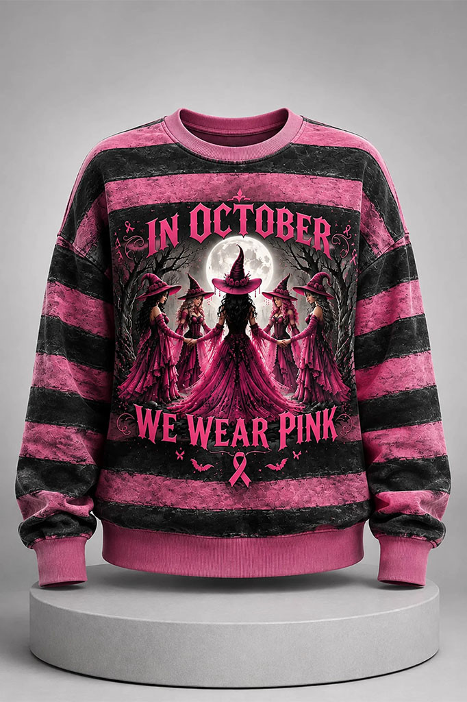 Witches In October We Wear Pink Sweatshirt Breast Awareness Month Apparel Halloween Gifts