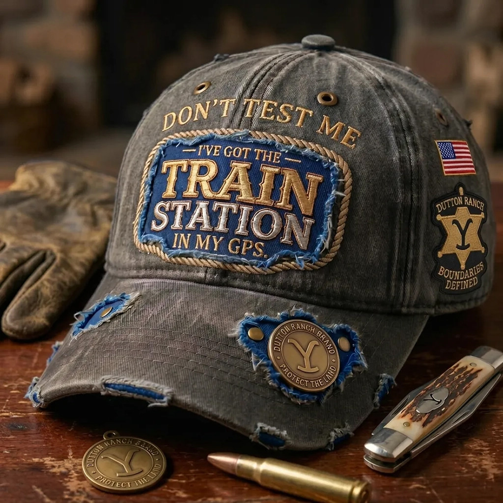 Yellowstone Dutton Ranch Train Station Distressed Grey Baseball Hat Yellowstone Merch Gifts