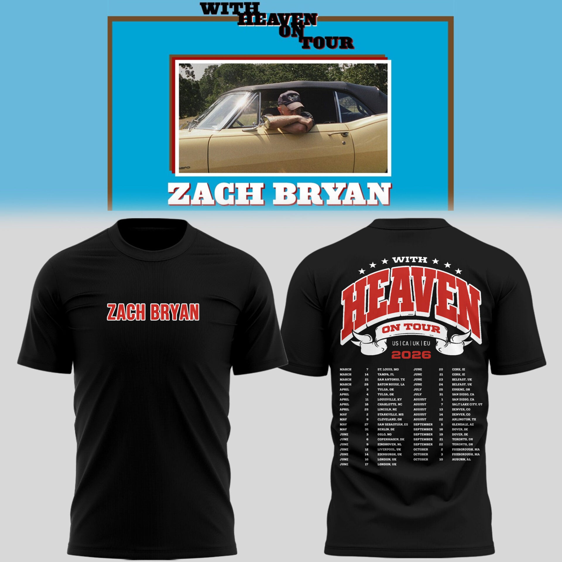 Zach Bryan With Heaven On Tour 2026 T-Shirt Zach Bryan Merch Music Lover Gift Ideas For Him