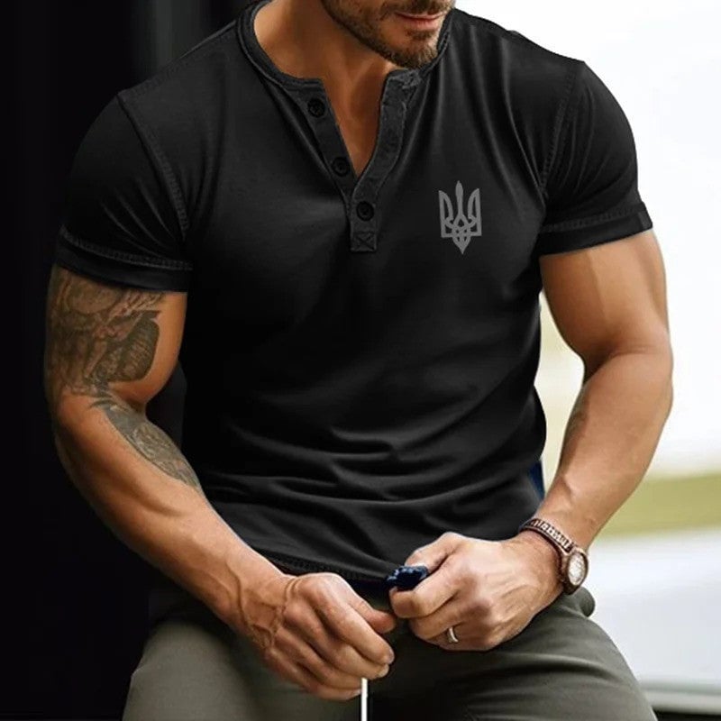 Zelensky Button V-Neck Shirt For Mens Ukrainian Trident Symbol Zelensky Shirt Father's Day Gift for Husband